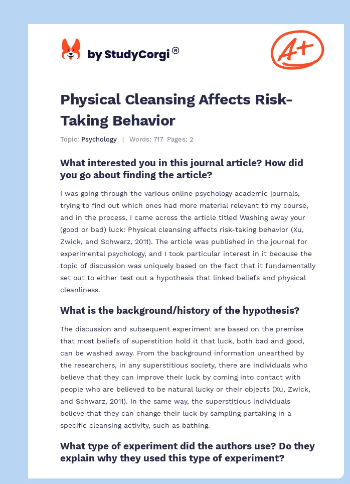 Physical Cleansing Affects Risk-Taking Behavior. Page 1