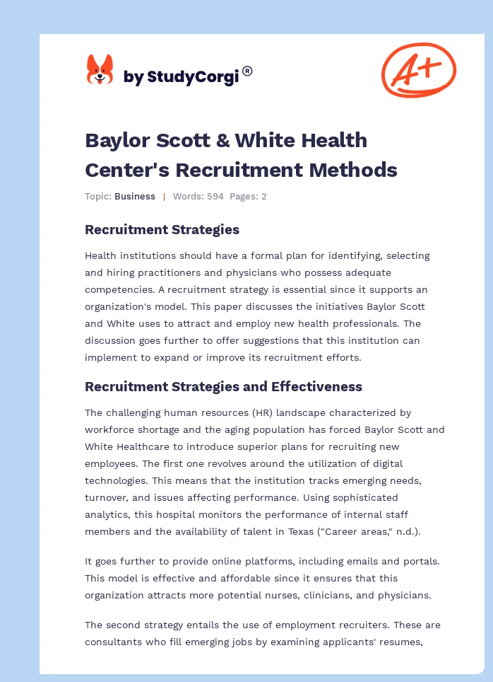 Baylor Scott & White Health Center's Recruitment Methods. Page 1