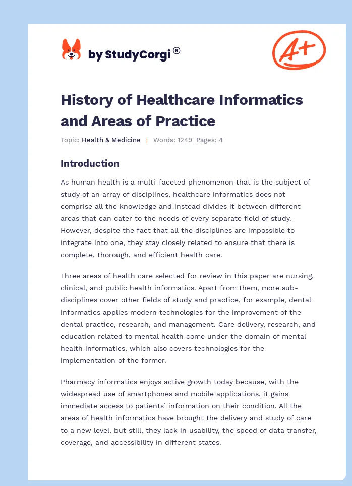 History of Healthcare Informatics and Areas of Practice. Page 1