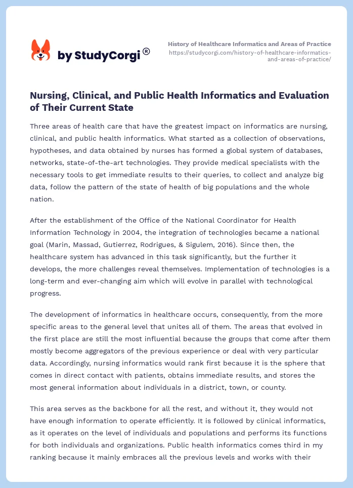 History of Healthcare Informatics and Areas of Practice. Page 2
