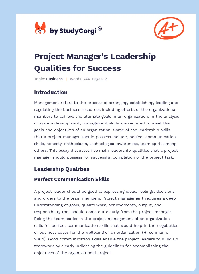 Project Manager's Leadership Qualities for Success. Page 1