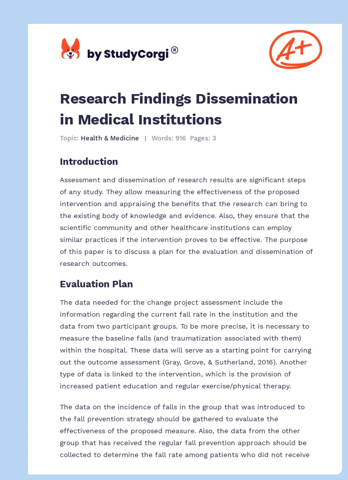 Research Findings Dissemination in Medical Institutions. Page 1