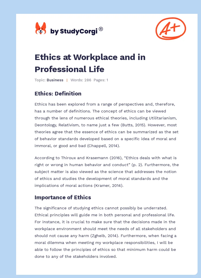 Ethics at Workplace and in Professional Life. Page 1