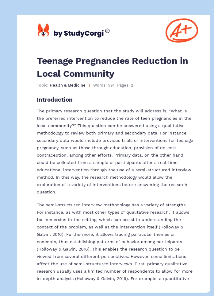 Teenage Pregnancies Reduction in Local Community. Page 1