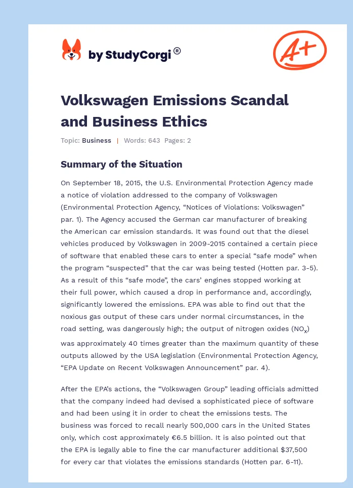 Volkswagen Emissions Scandal and Business Ethics. Page 1