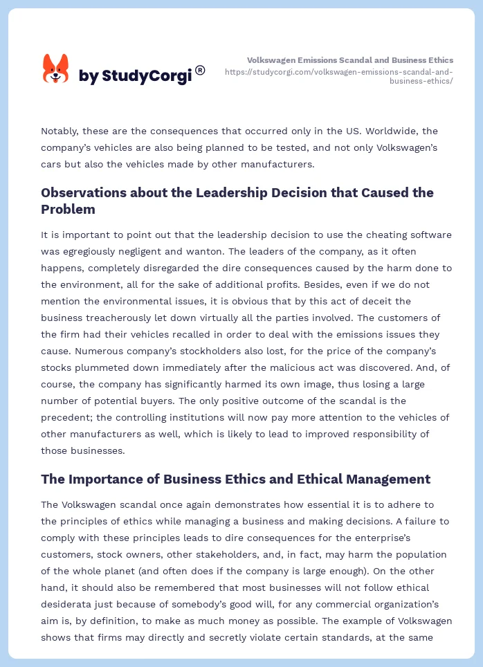 Volkswagen Emissions Scandal and Business Ethics. Page 2