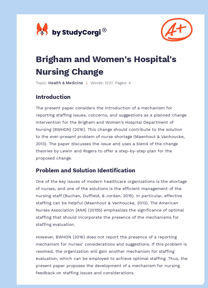Brigham and Women's Hospital's Nursing Change. Page 1