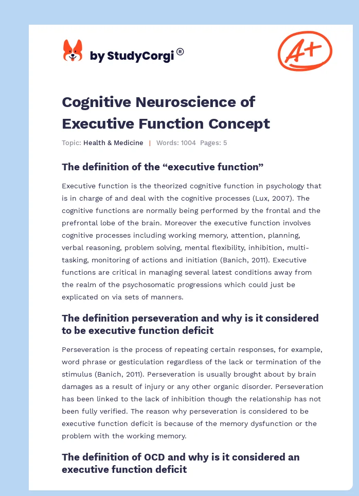 Cognitive Neuroscience of Executive Function Concept. Page 1