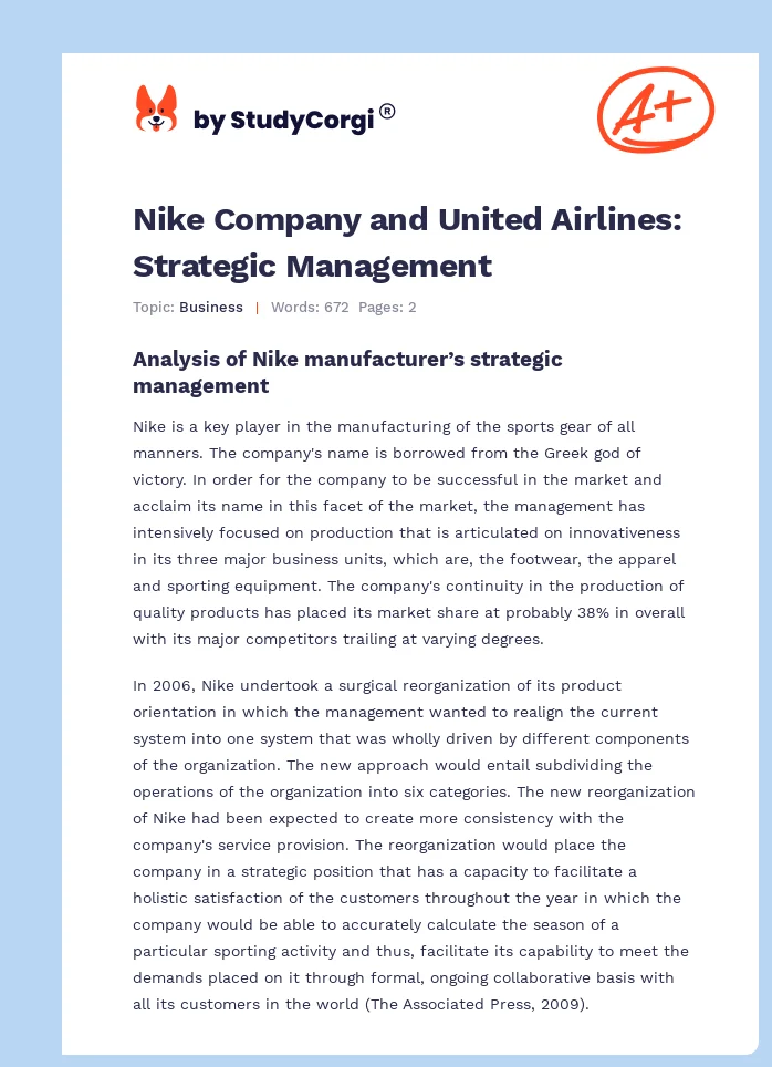 Nike Company and United Airlines: Strategic Management. Page 1