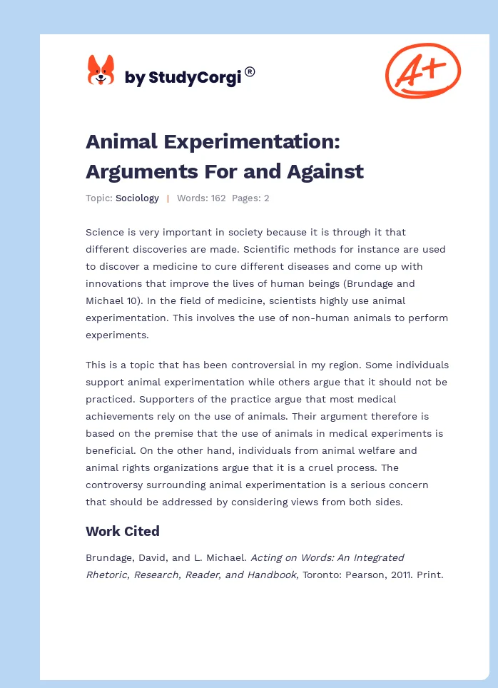 Animal Experimentation: Arguments For and Against. Page 1