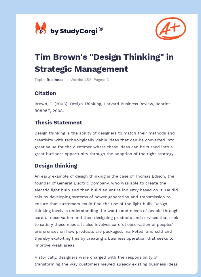 Tim Brown's "Design Thinking" in Strategic Management. Page 1