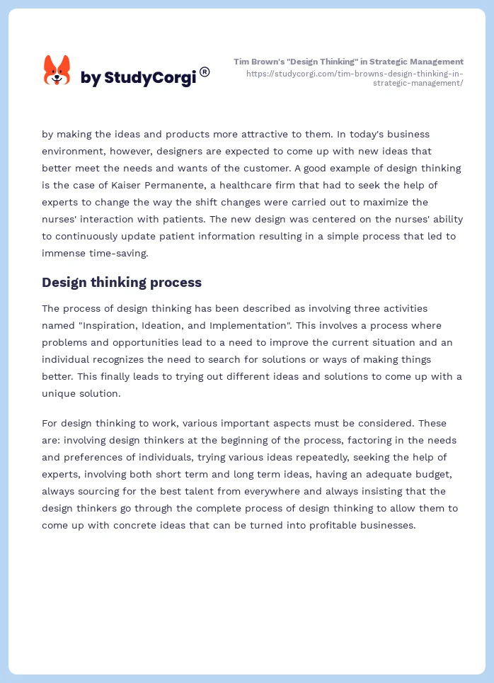 Tim Brown's "Design Thinking" in Strategic Management. Page 2