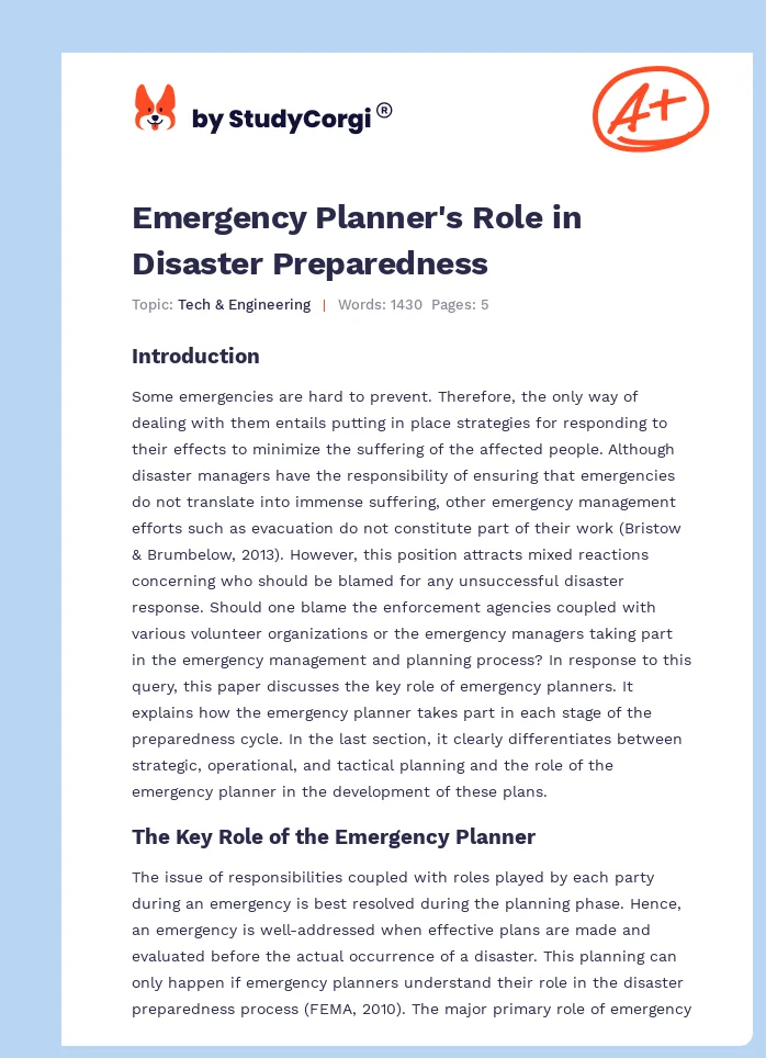Emergency Planner's Role in Disaster Preparedness. Page 1