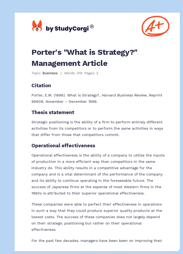 Porter's "What is Strategy?" Management Article. Page 1