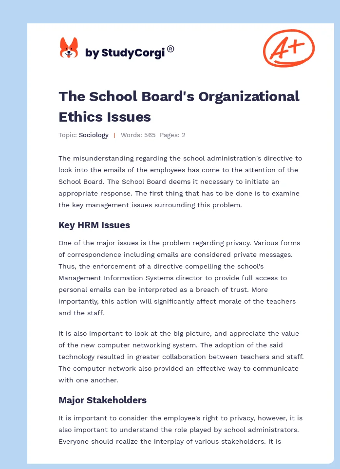 The School Board's Organizational Ethics Issues. Page 1
