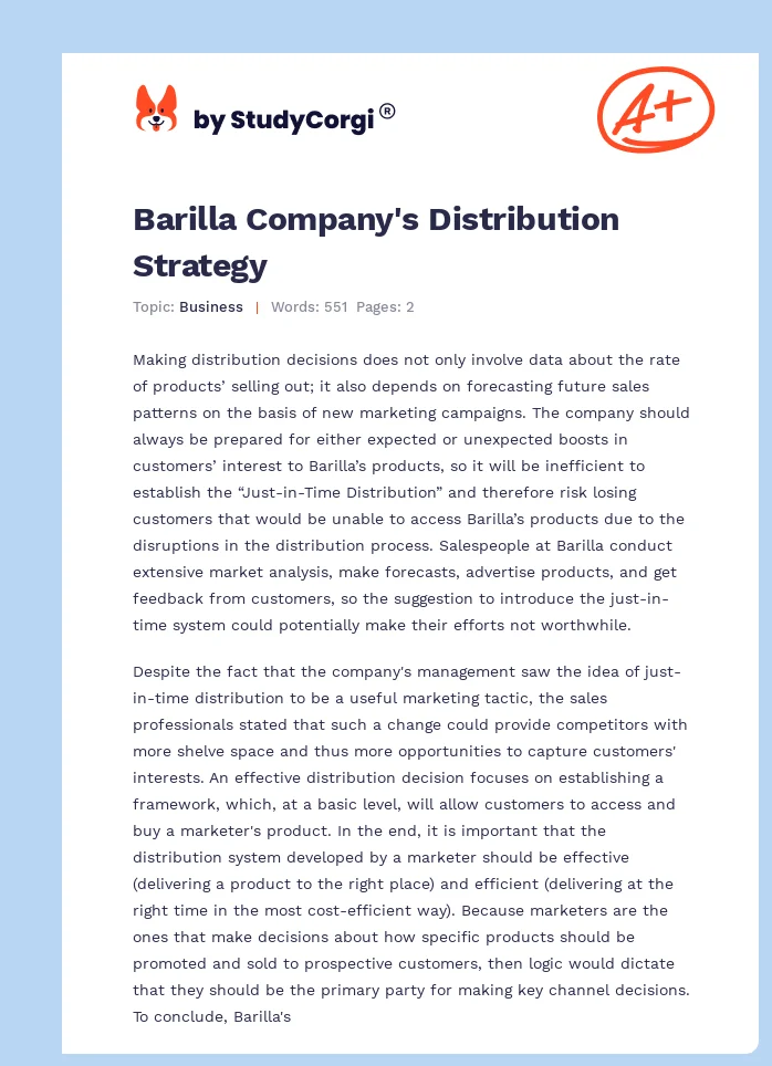 Barilla Company's Distribution Strategy. Page 1