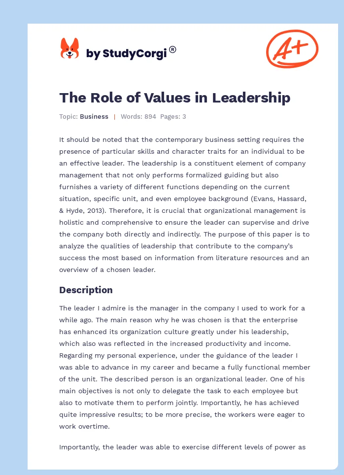 The Role of Values in Leadership. Page 1