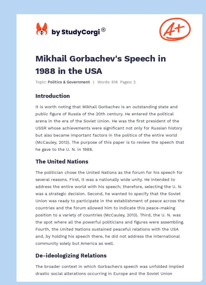 Mikhail Gorbachev's Speech in 1988 in the USA. Page 1