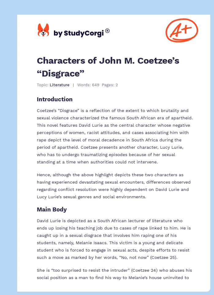 Characters of John M. Coetzee’s “Disgrace”. Page 1