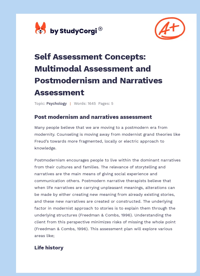 Self Assessment Concepts: Multimodal Assessment and Postmodernism and Narratives Assessment. Page 1