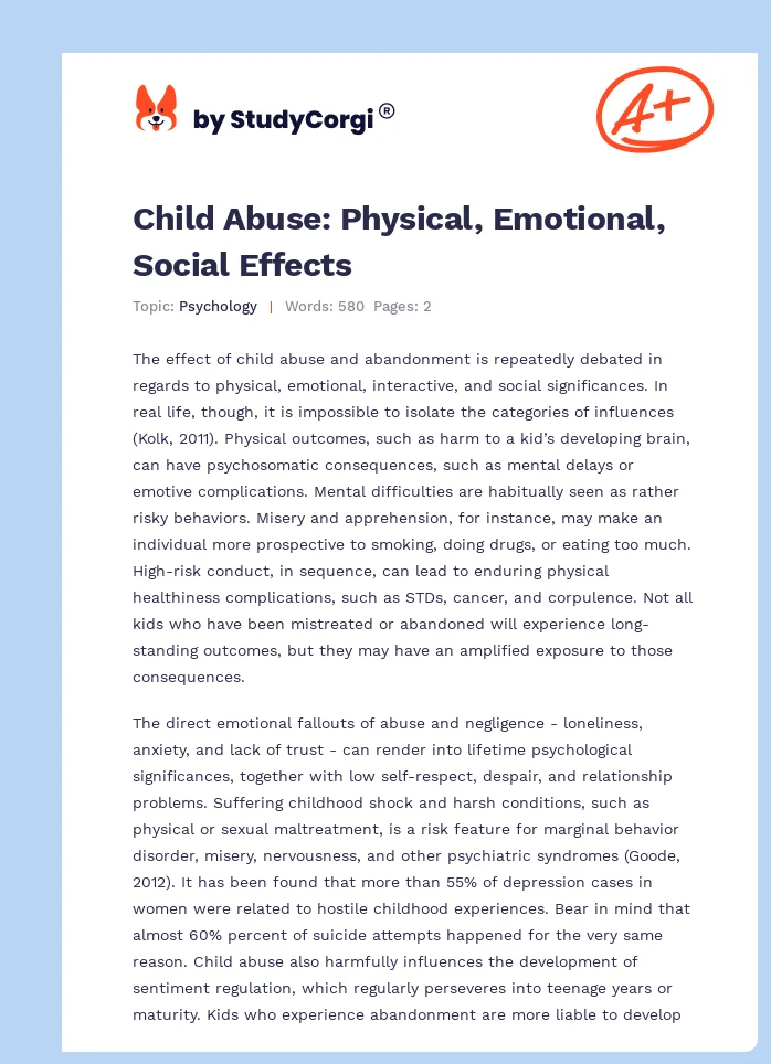 Child Abuse: Physical, Emotional, Social Effects. Page 1