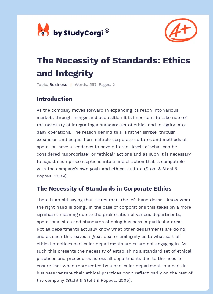 The Necessity of Standards: Ethics and Integrity. Page 1