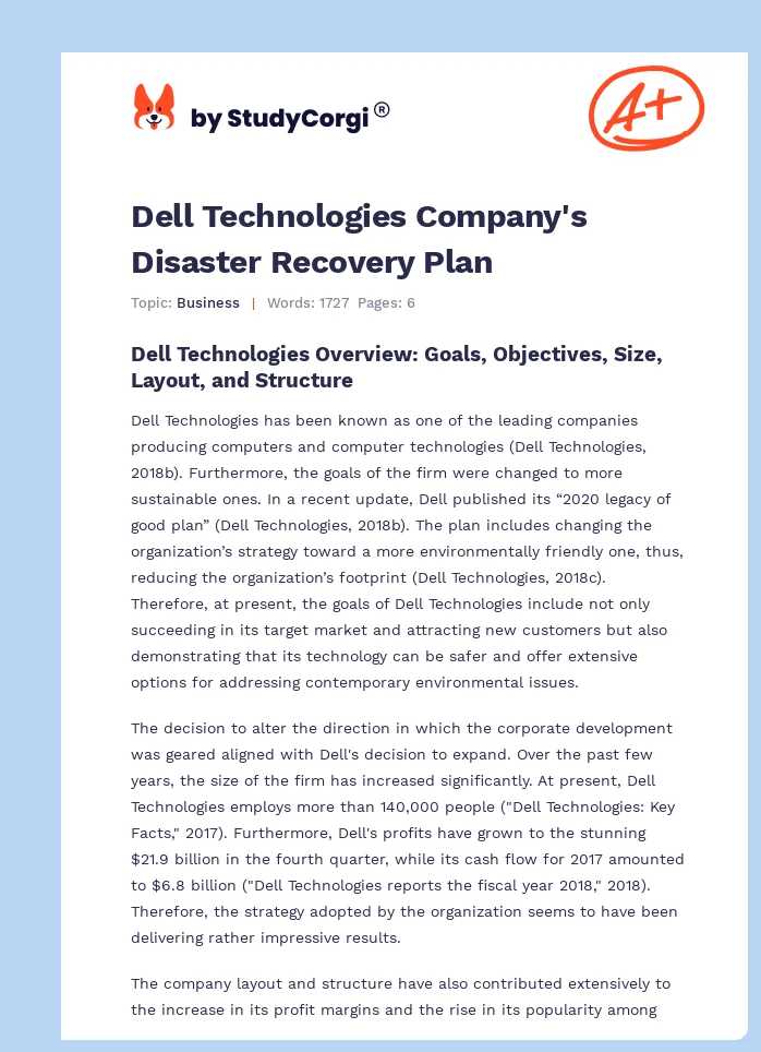 Dell Technologies Company's Disaster Recovery Plan. Page 1