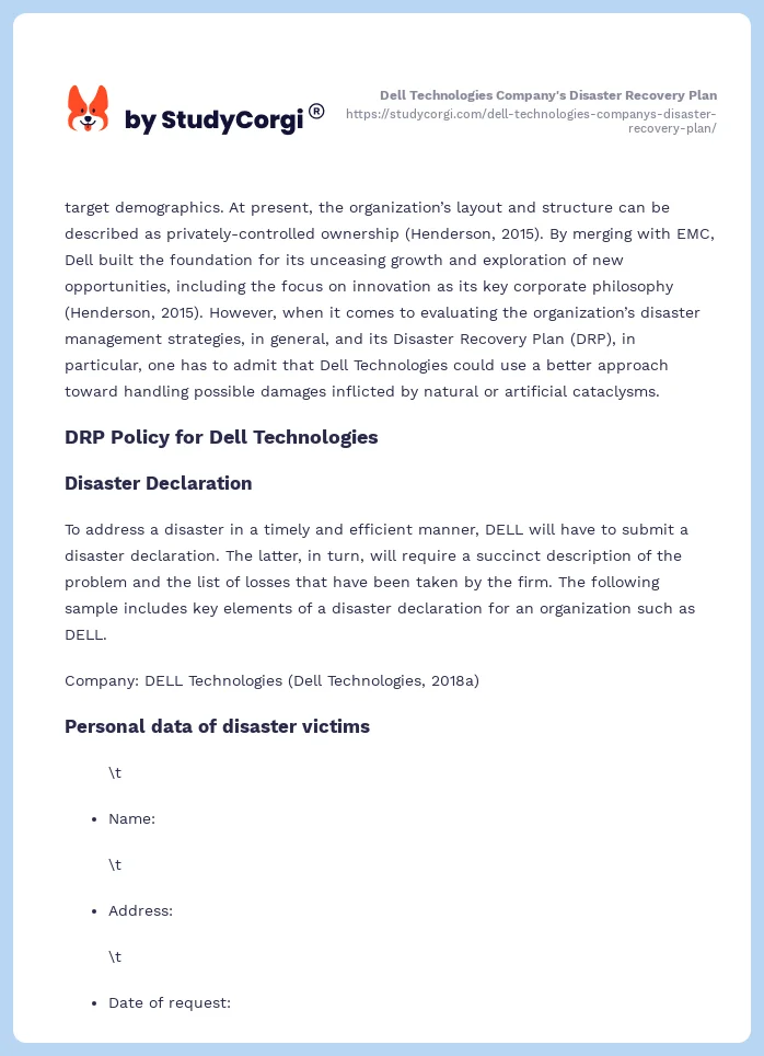 Dell Technologies Company's Disaster Recovery Plan. Page 2