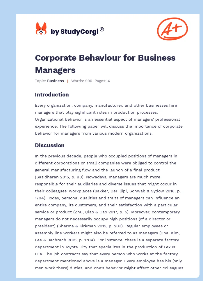 Corporate Behaviour for Business Managers. Page 1