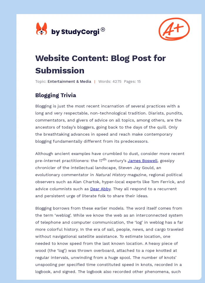 Website Content: Blog Post for Submission. Page 1