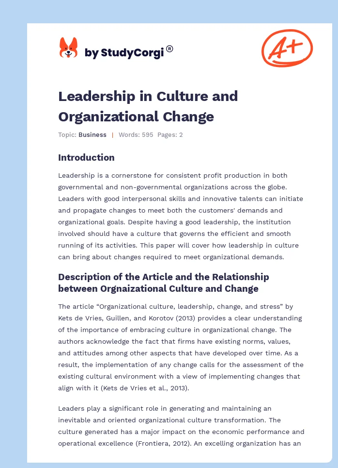 Leadership in Culture and Organizational Change. Page 1