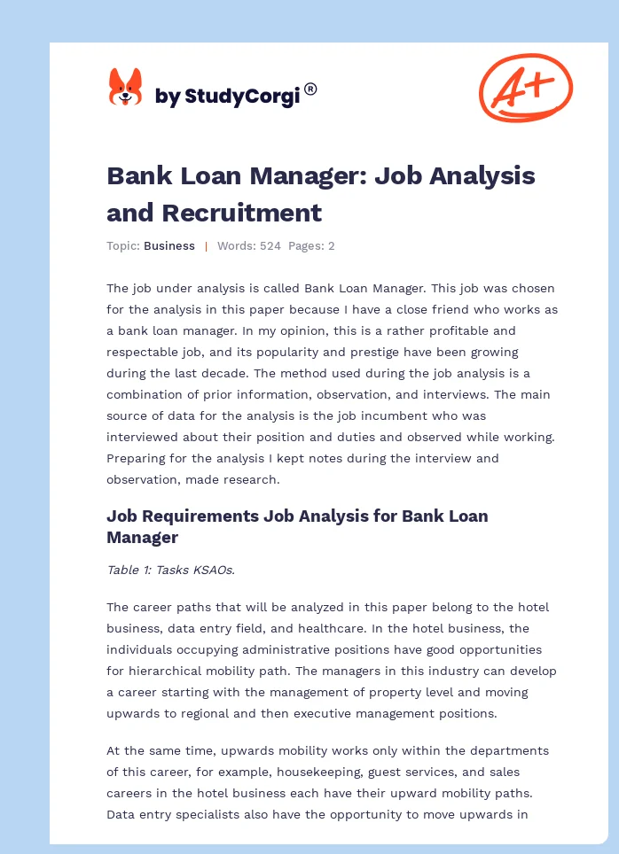 Bank Loan Manager: Job Analysis and Recruitment. Page 1