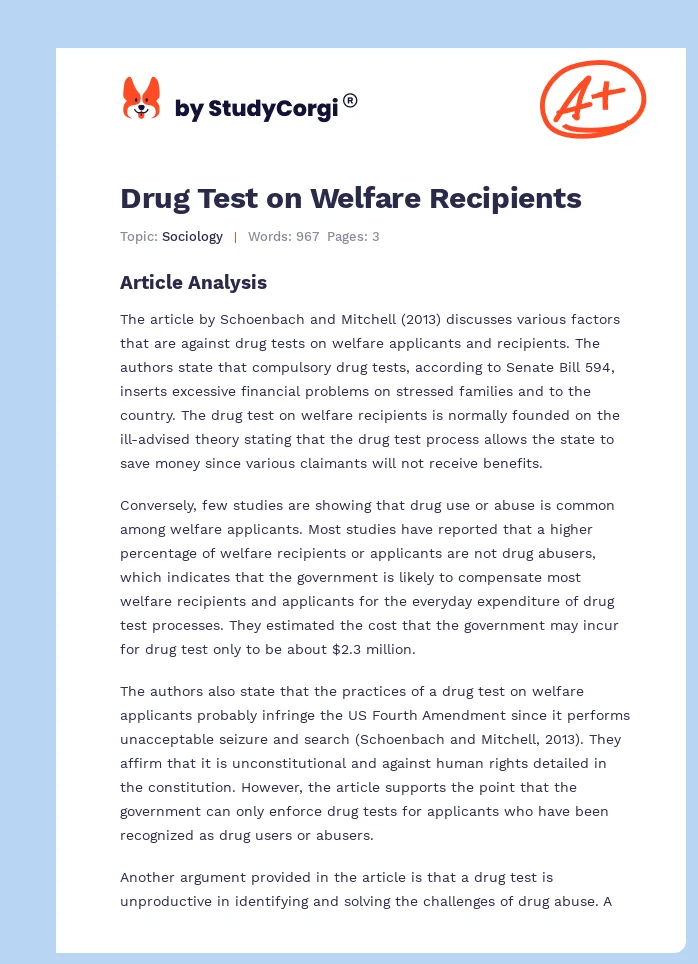 Drug Test On Welfare Recipients Free Essay Example