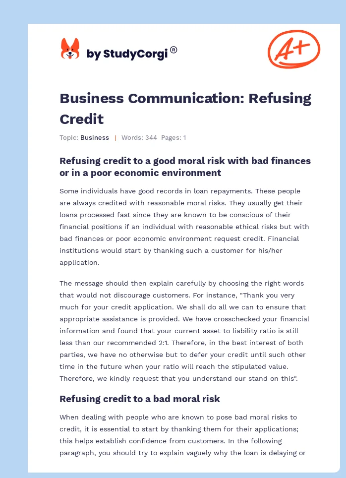 Business Communication: Refusing Credit. Page 1