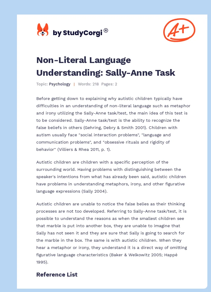 Non-Literal Language Understanding: Sally-Anne Task. Page 1