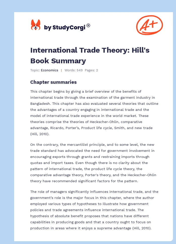 International Trade Theory: Hill's Book Summary. Page 1