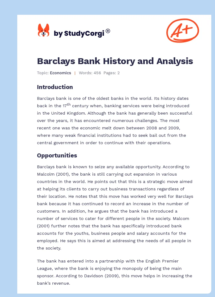 Barclays Bank History and Analysis. Page 1