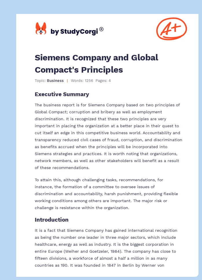 Siemens Company and Global Compact's Principles. Page 1