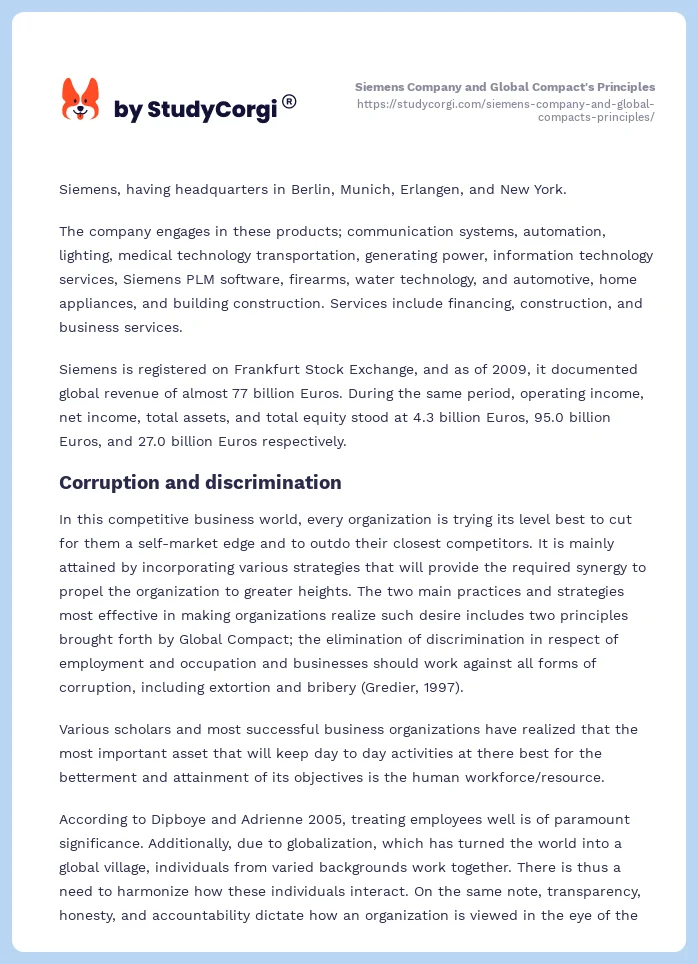 Siemens Company and Global Compact's Principles. Page 2