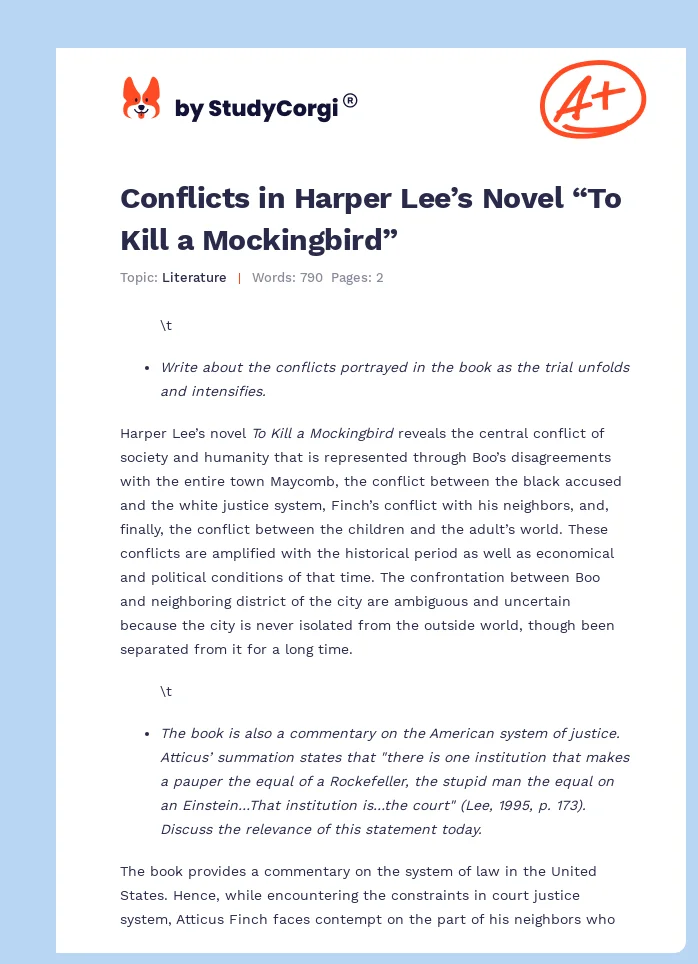 Conflicts in Harper Lee’s Novel “To Kill a Mockingbird”. Page 1