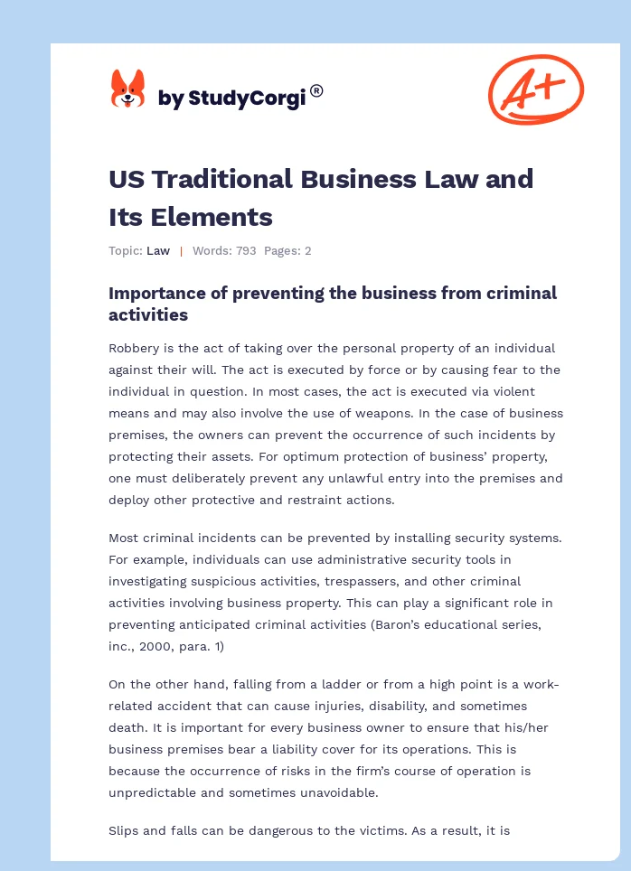 US Traditional Business Law and Its Elements. Page 1