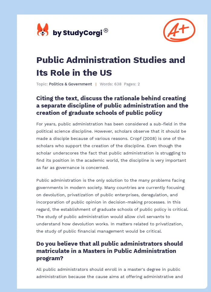 Public Administration Studies and Its Role in the US. Page 1