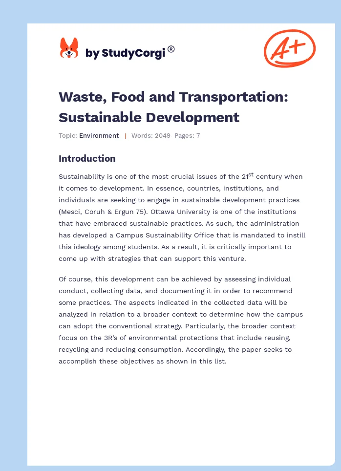 Waste, Food and Transportation: Sustainable Development. Page 1