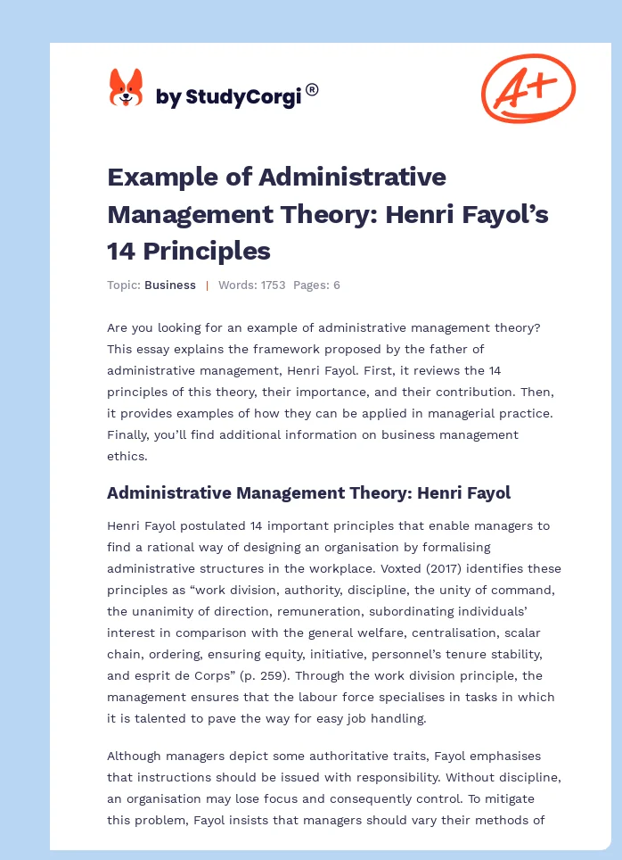 Example of Administrative Management Theory: Henri Fayol’s 14 Principles. Page 1