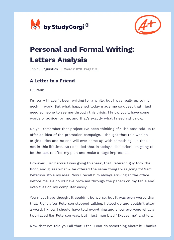 Personal and Formal Writing: Letters Analysis. Page 1