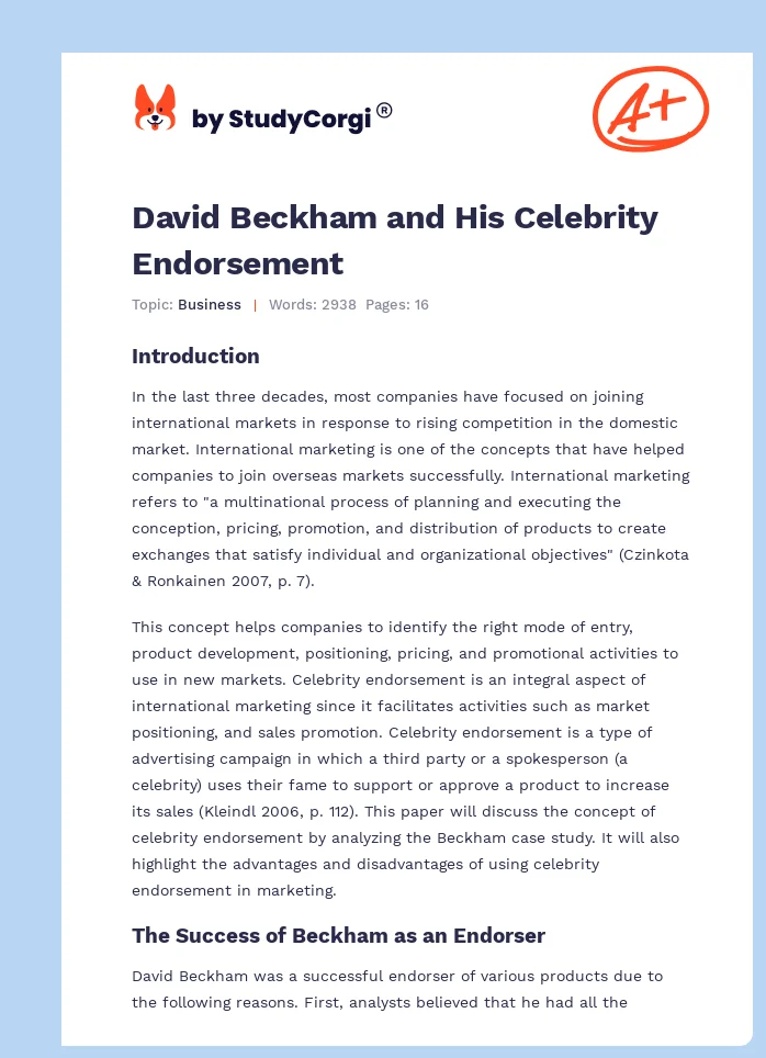 David Beckham and His Celebrity Endorsement. Page 1
