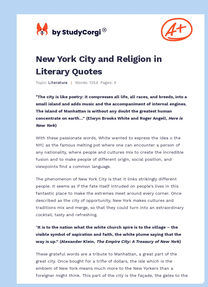 New York City and Religion in Literary Quotes. Page 1