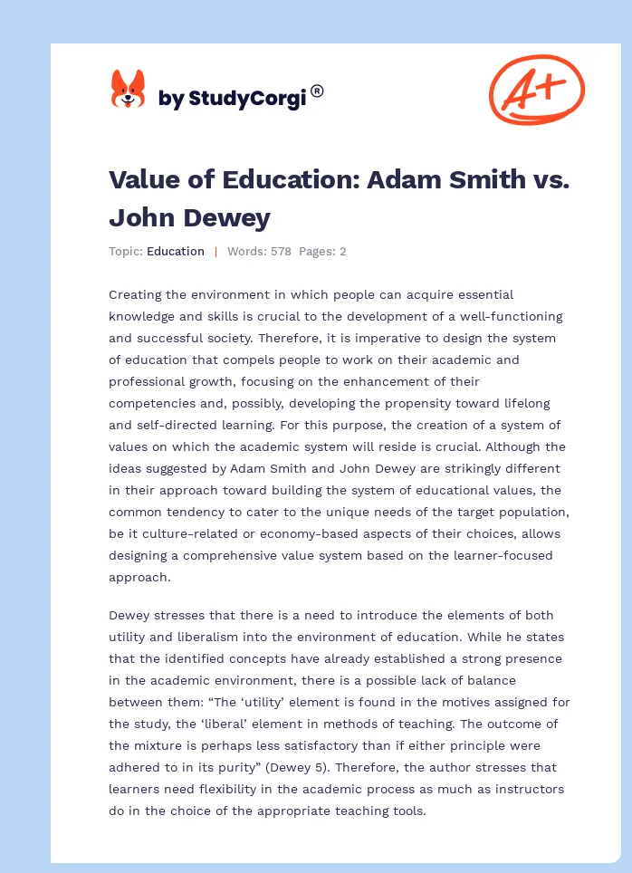 Value of Education: Adam Smith vs. John Dewey. Page 1