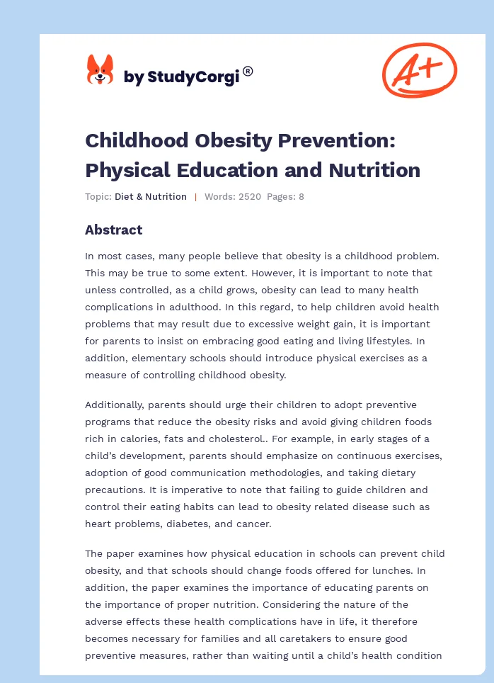 Childhood Obesity Prevention: Physical Education and Nutrition. Page 1