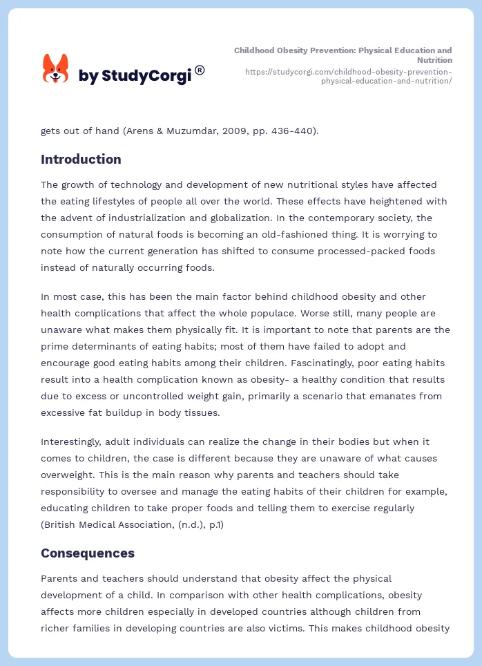 Childhood Obesity Prevention: Physical Education and Nutrition. Page 2